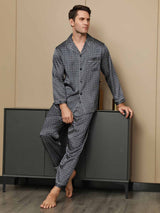 [Navy Ginkgo] SilkSilky-UK 19Momme Long Sleeve Notch Collar Men's Pyjamas 001