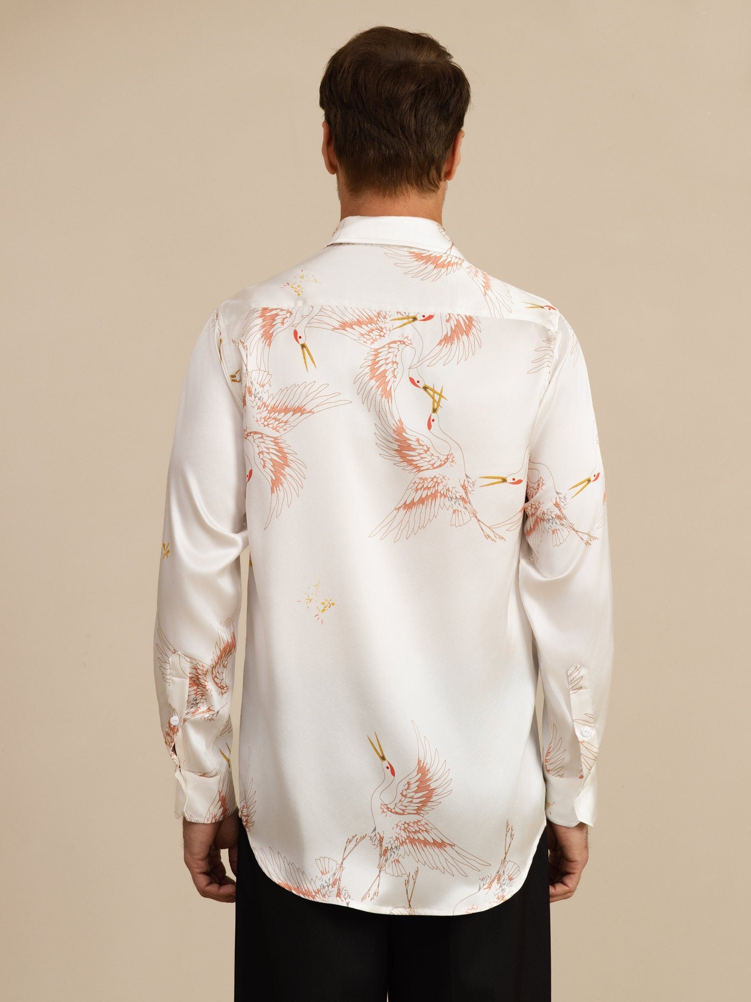 [White] SilkSilky-UK 19Momme Long Sleeve Lapel Collar Men's Shirt 002