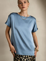 [Grayish Blue] SilkSilky-UK Short Sleeve Boat Neck Women's T-Shirt 005