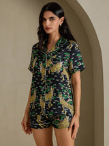 [Black Serval] SilkSilky-UK Short Sleeve Notch Collar Women's Pyjamas 003