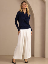 [Dark Blue] SilkSilky-UK Long Sleeve Wrap Women's Blouse 007