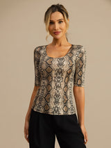 [Snakeskin] SilkSilky-UK 100% Silk Jersey Half Sleeve Scoop Neck Women's T-Shirt 001