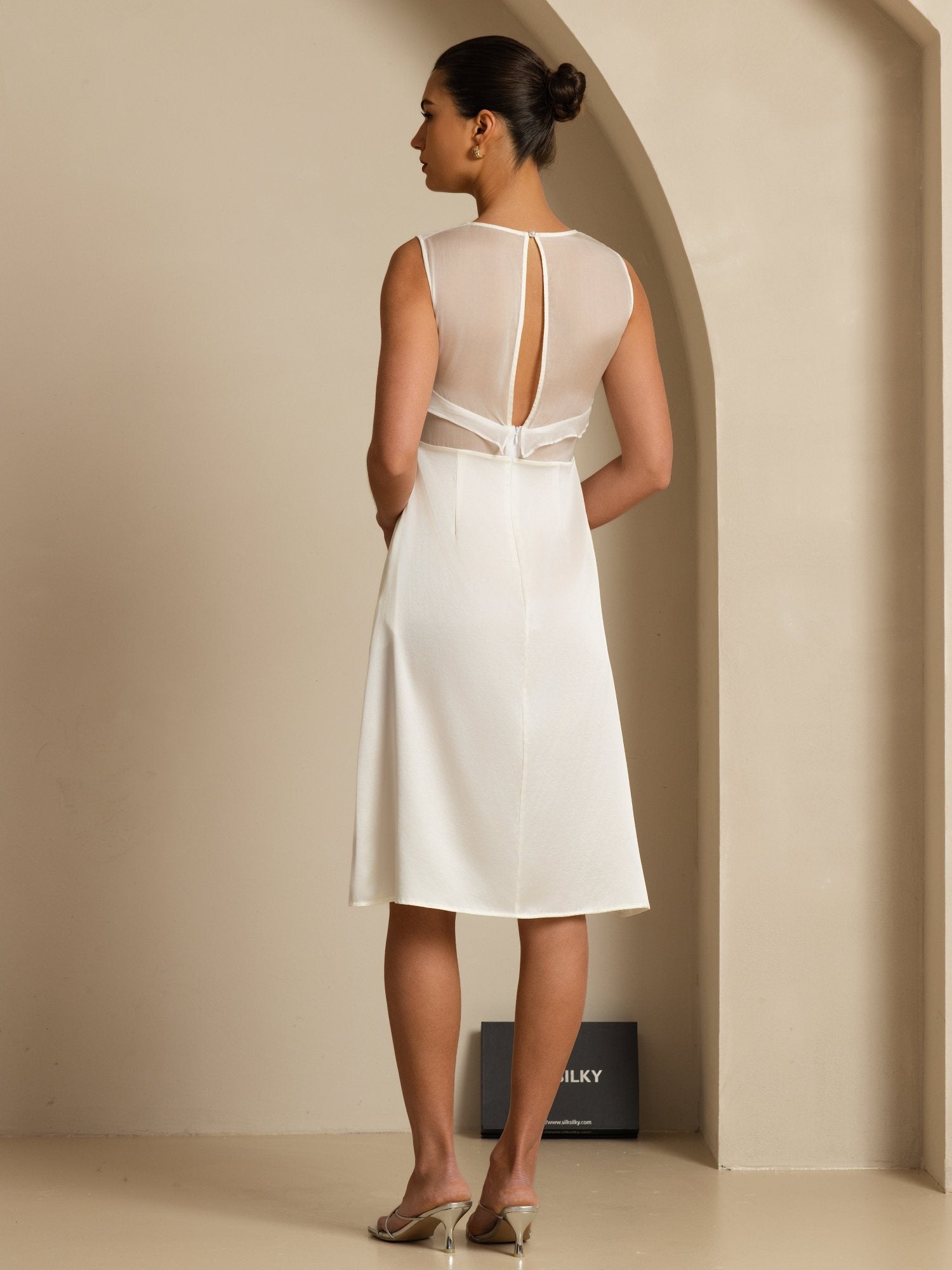 [White] SilkSilky-UK Sleeveless Illusion Neck Dress 002