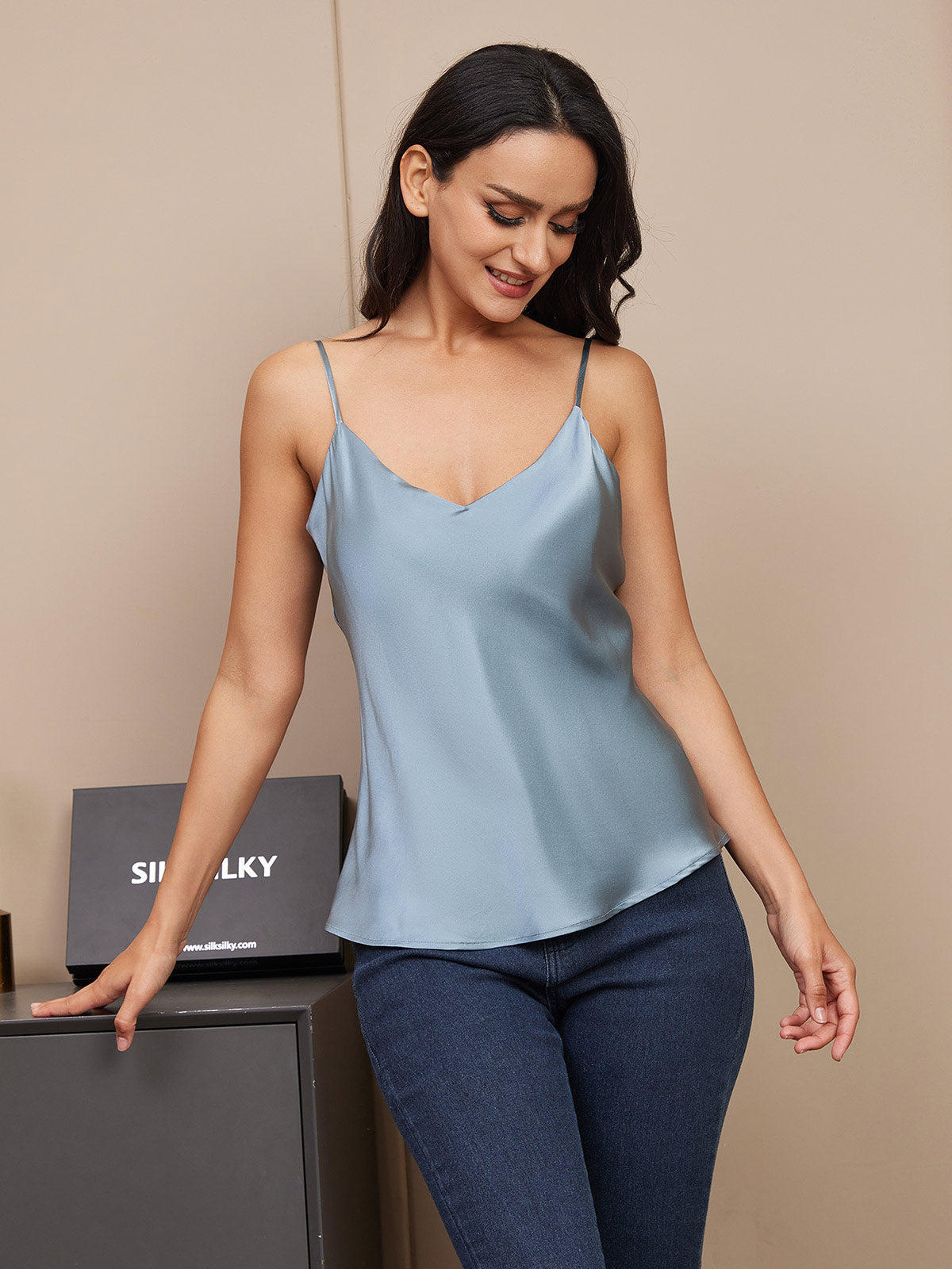 [Grayish Blue] SilkSilky-UK Pure Silk Sleeveless V Neck Camisole 004