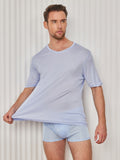 SilkSilky-UK Silk Knitted Short Sleeve V Neck Men's T-Shirt LightBlue 004