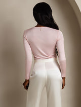 [Coral Pink] SilkSilky-UK Silk Jersey Long Sleeve Round Neck Women's T-Shirt 002