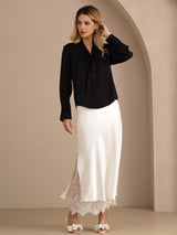 [Black] SilkSilky-UK Long Sleeve Tie Neck Women's Blouse 007