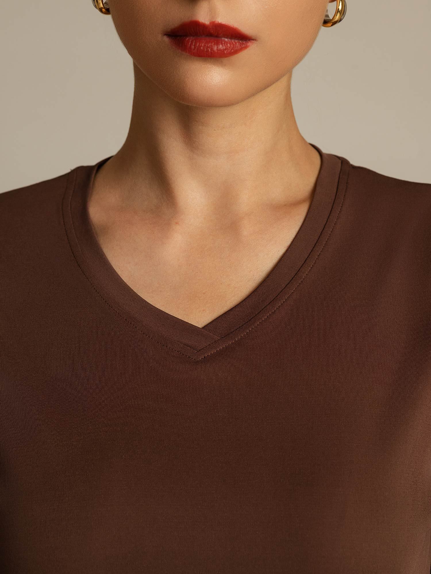 [Coffee] SilkSilky-UK Pure Silk V Neck Women's T-Shirt 004