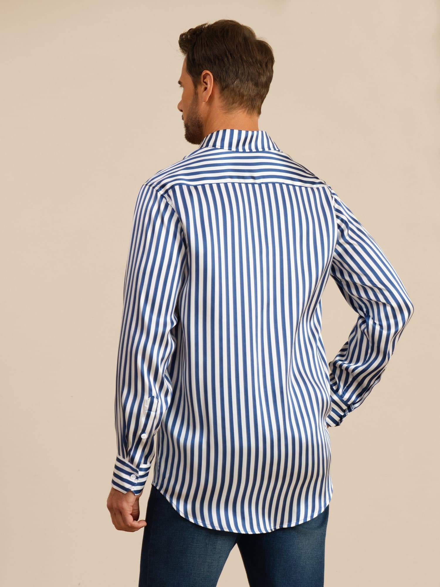 [Navy Stripe] SilkSilky-UK 19Momme Stretch Silk Charmeuse Long Sleeve Lapel Collar Men's Shirt 002