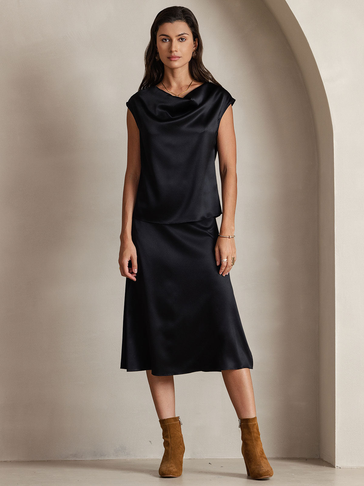 [Black] SilkSilky-UK 19Momme Silk Cap Sleeve Cowl Neck Women's T-Shirt 001