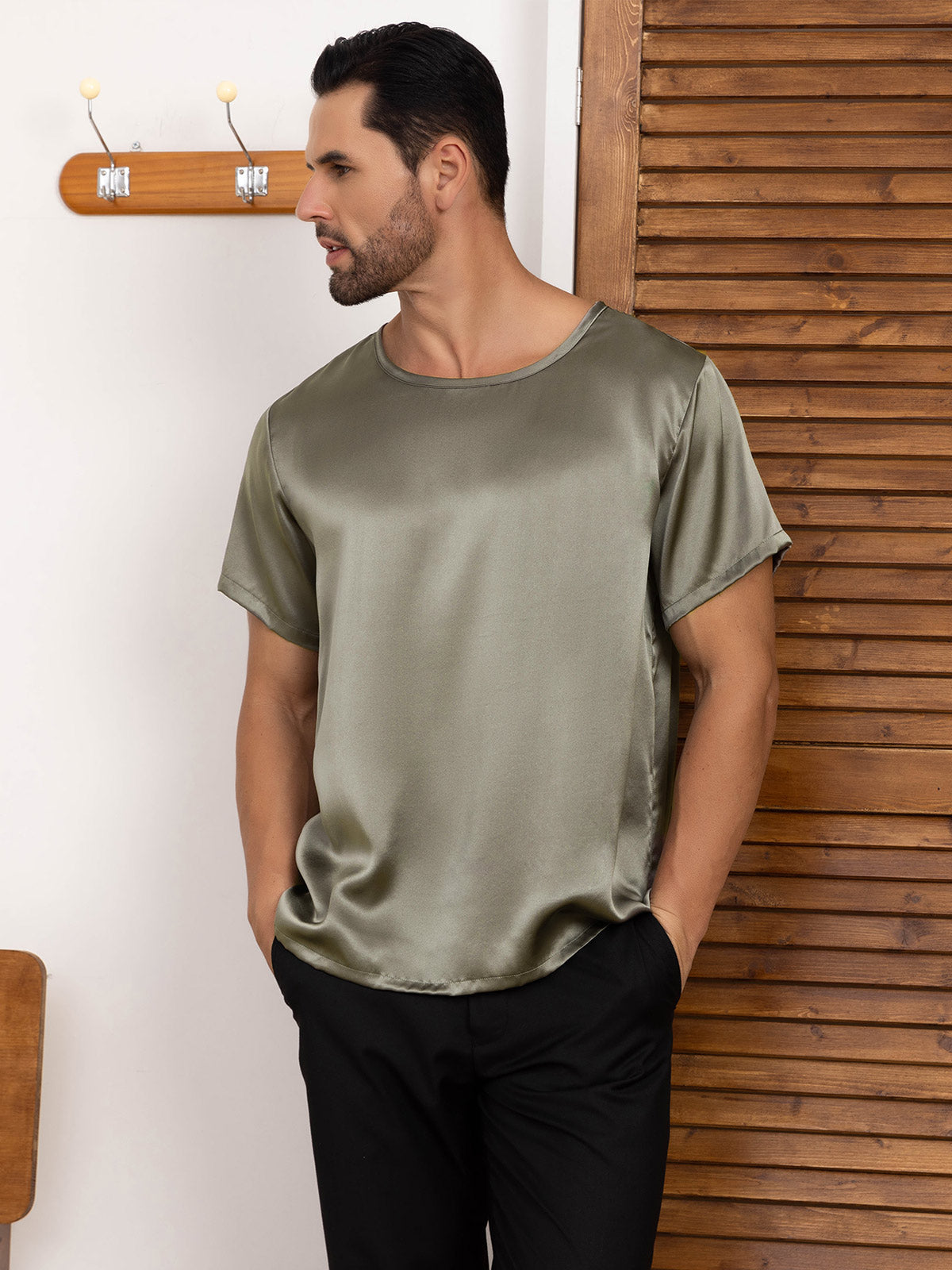 [GrayishGreen] SilkSilky-UK Pure Silk Short Sleeve Round Neck Men's T-Shirt 005