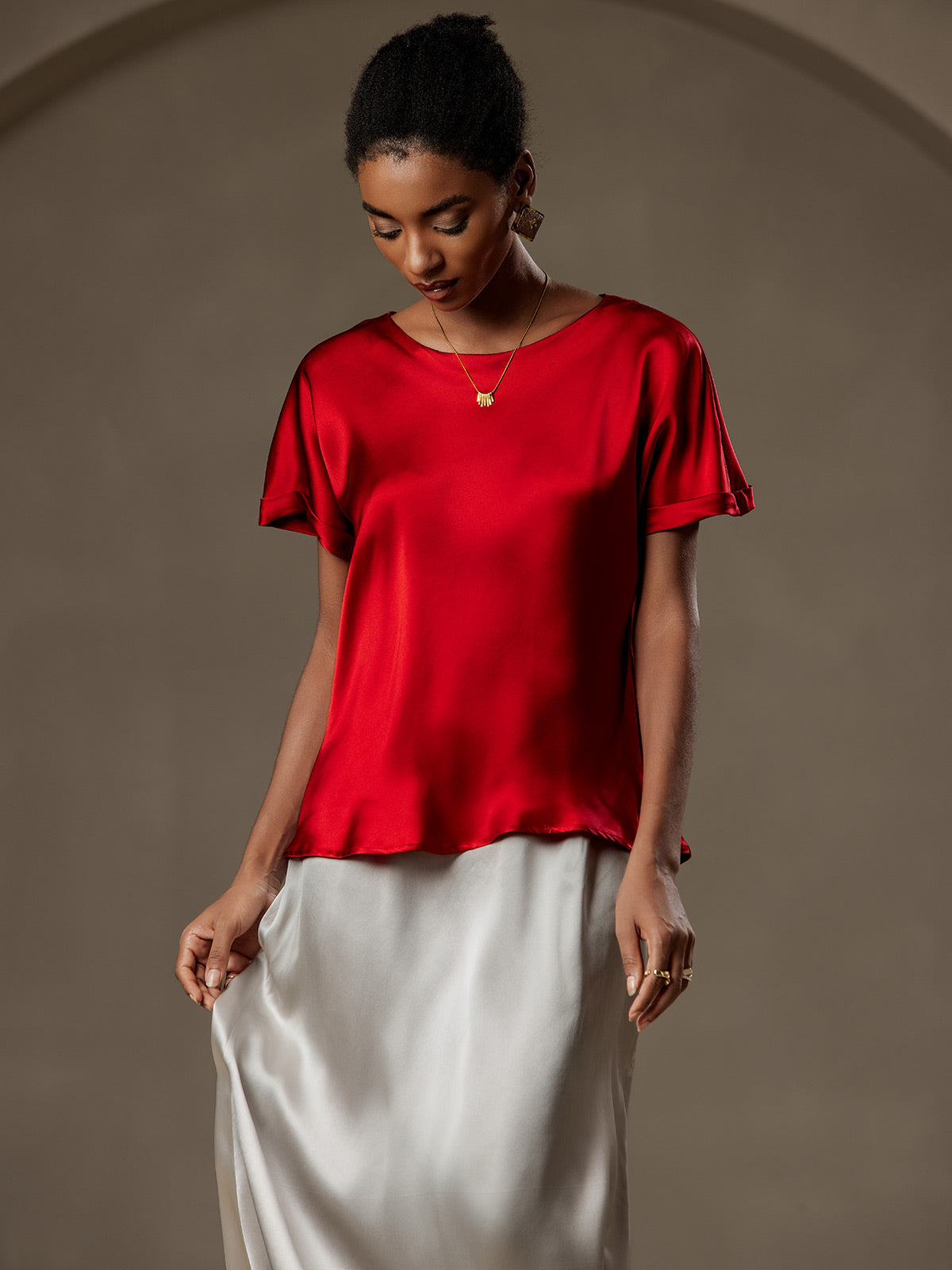 [Wine] SilkSilky-UK 19Momme Silk Short Sleeve Round Neck Women's T-Shirt 004