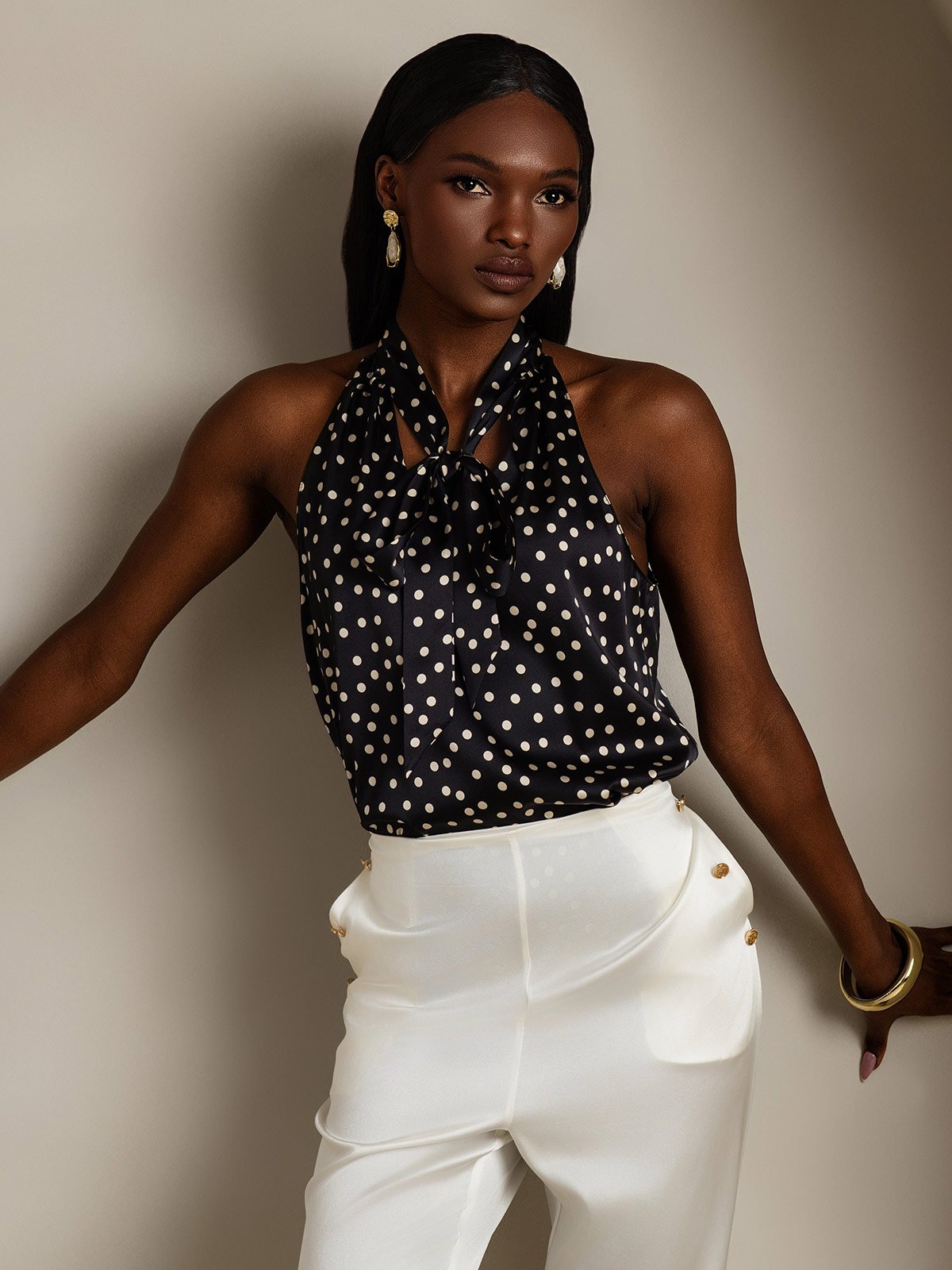 SilkSilky-UK 19Momme Silk Sleeveless Tie Neck Women's Shirt Black+White 005