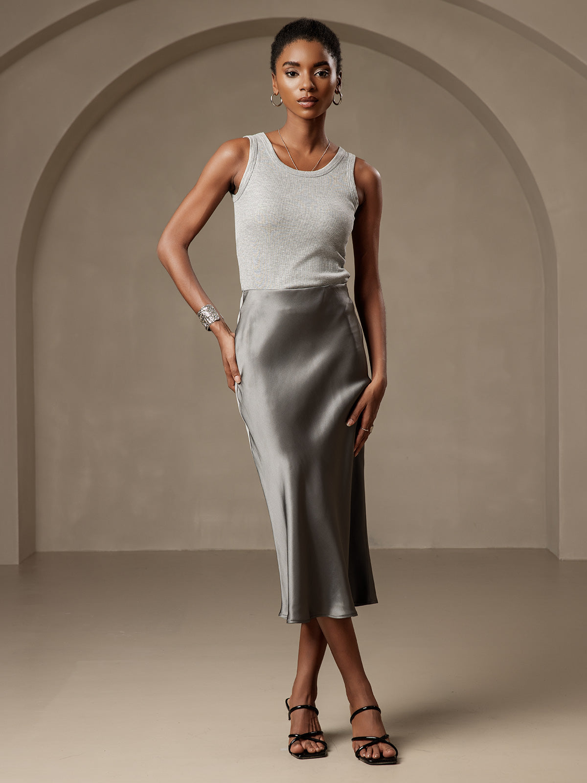 [Dark Gray] SilkSilky-UK 19Momme Pure Silk Skirt 003,