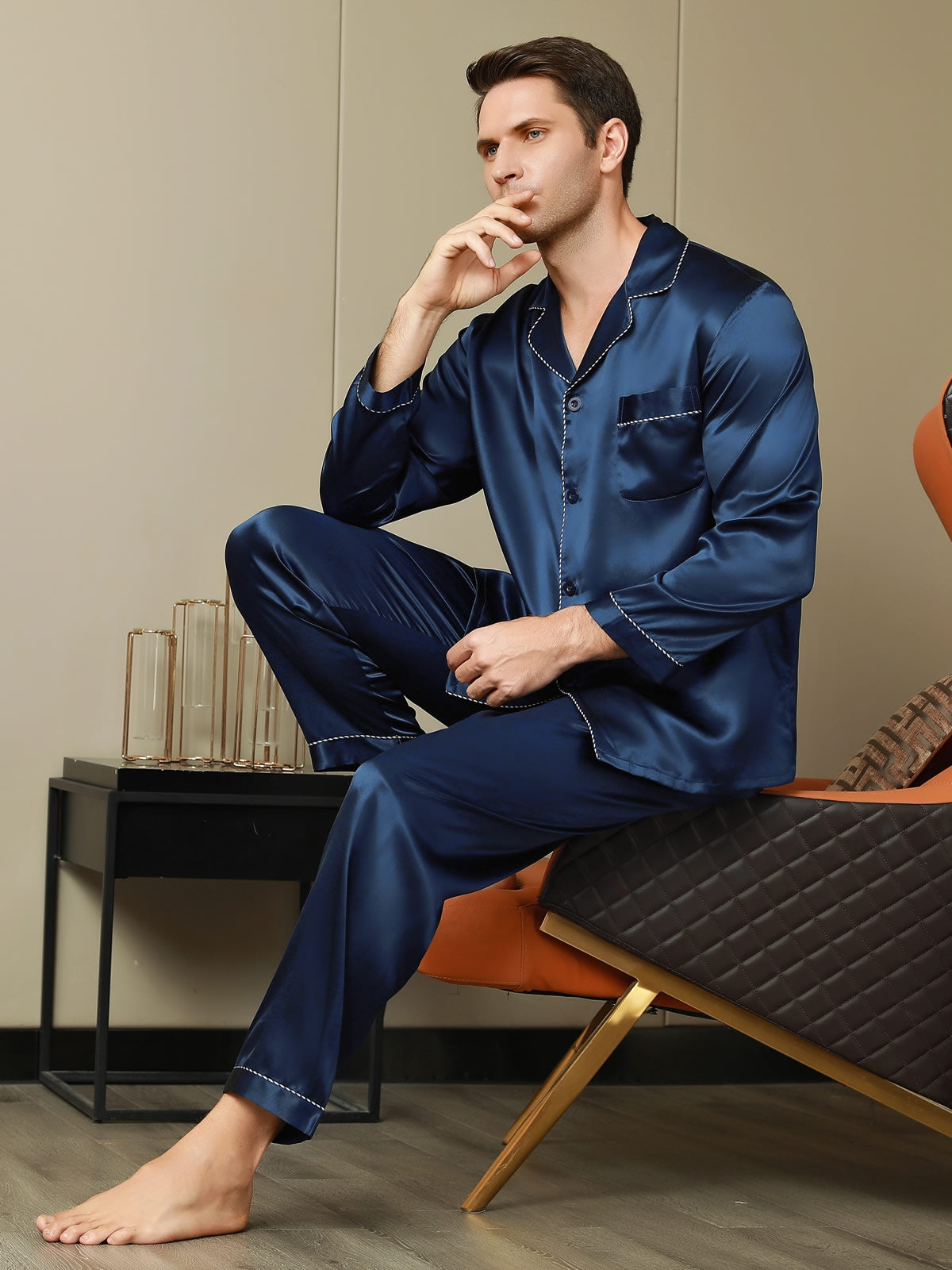 SilkSilky UK Pure Silk Long Sleeve Lapel Men's Pyjamas DarkBlue 001