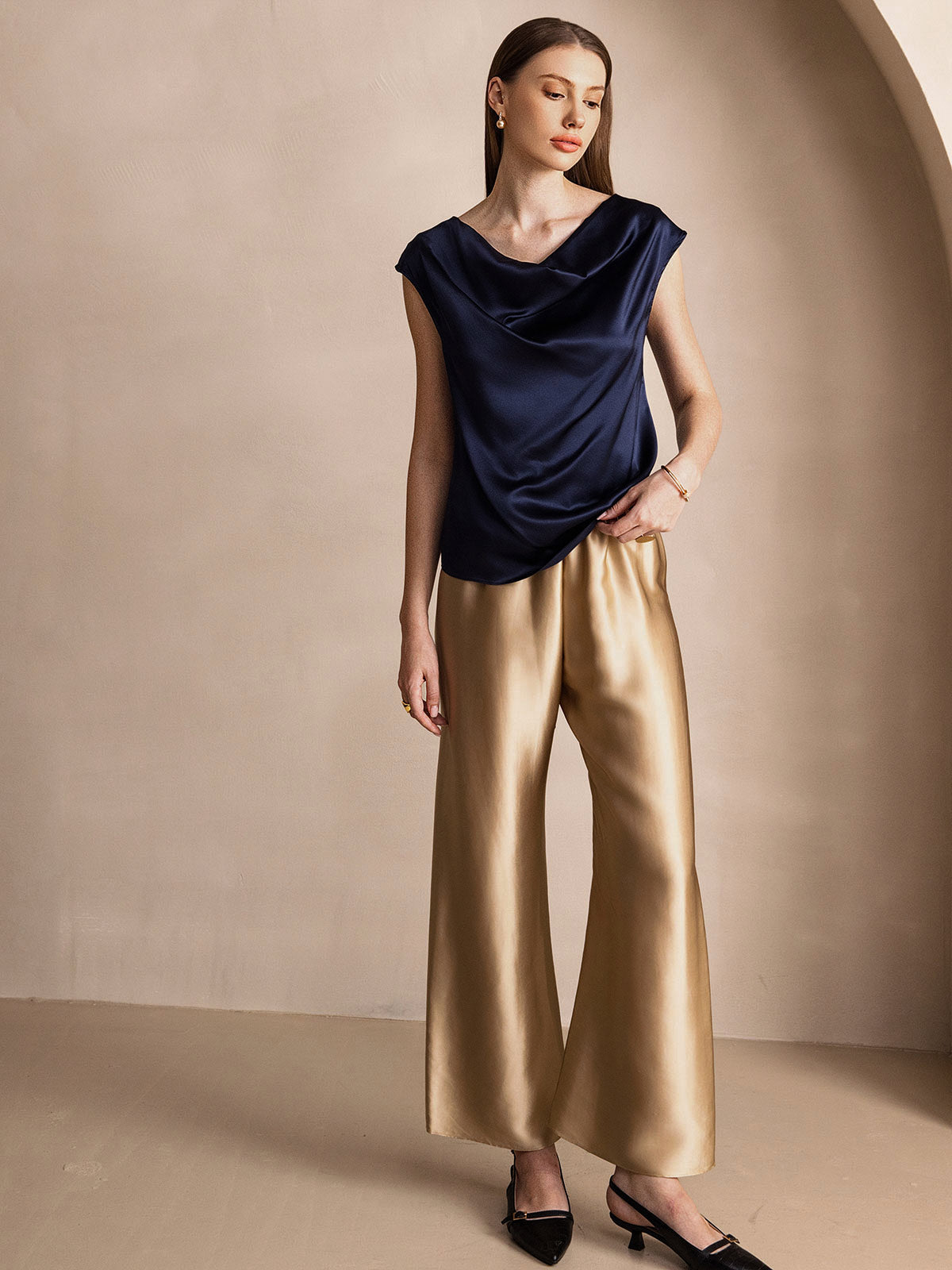 [Dark Blue] SilkSilky-UK 19Momme Silk Cap Sleeve Cowl Neck Women's T-Shirt 007