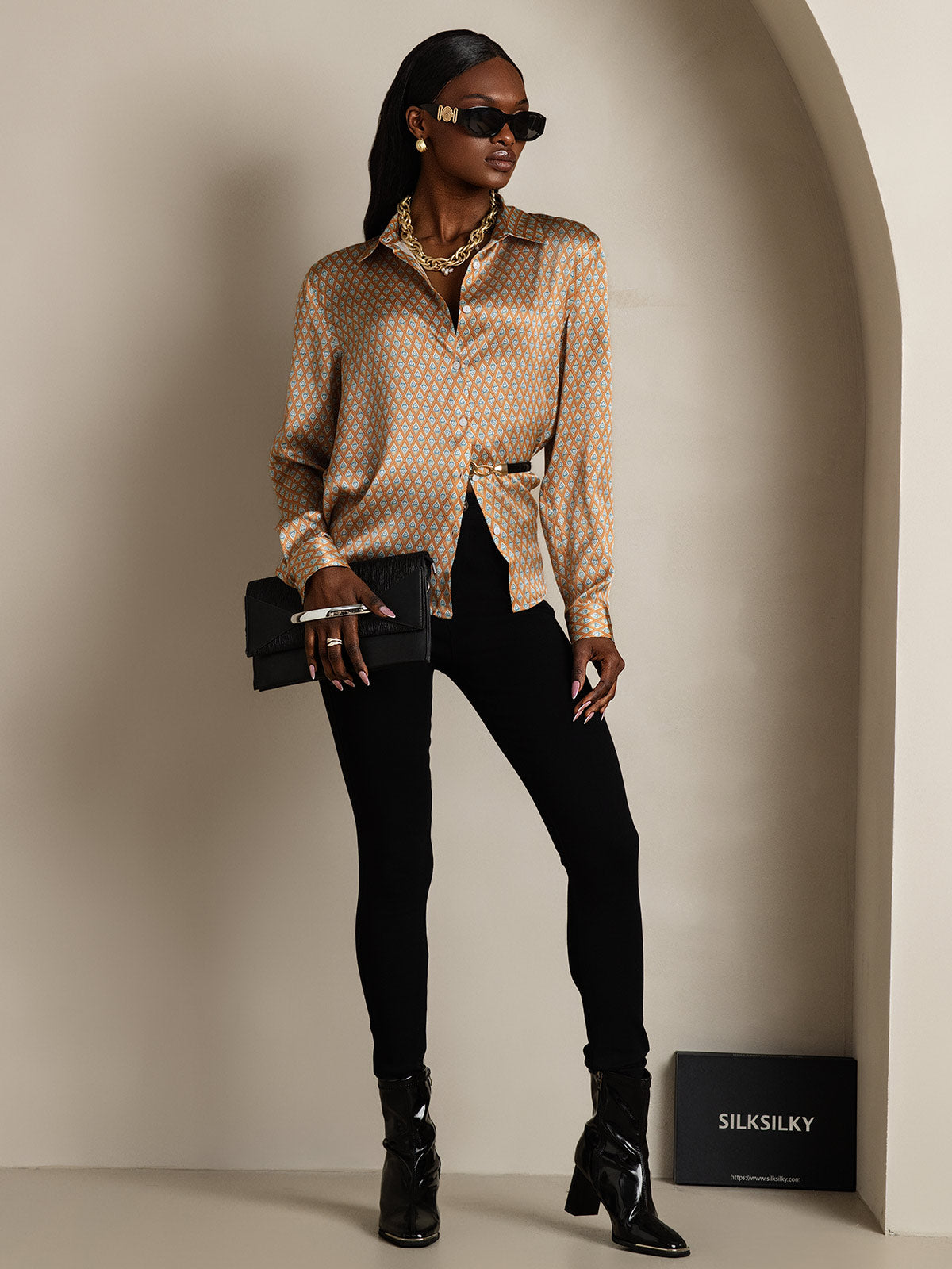 [Floral] SilkSilky-UK Silk Long Sleeve Collar Women's Shirt 008