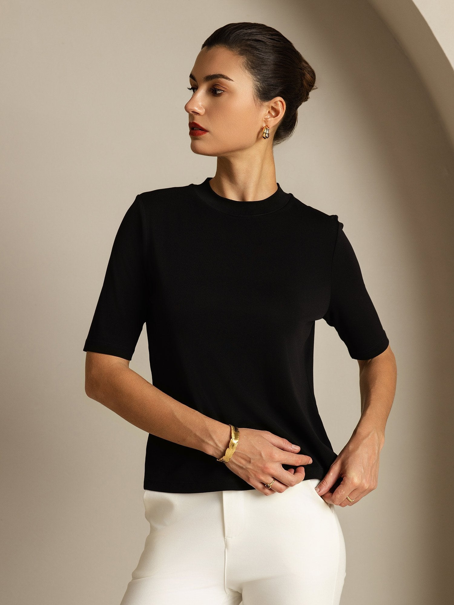 [Black] SilkSilky-UK Pure Silk Round Neck Women's T-Shirt 005