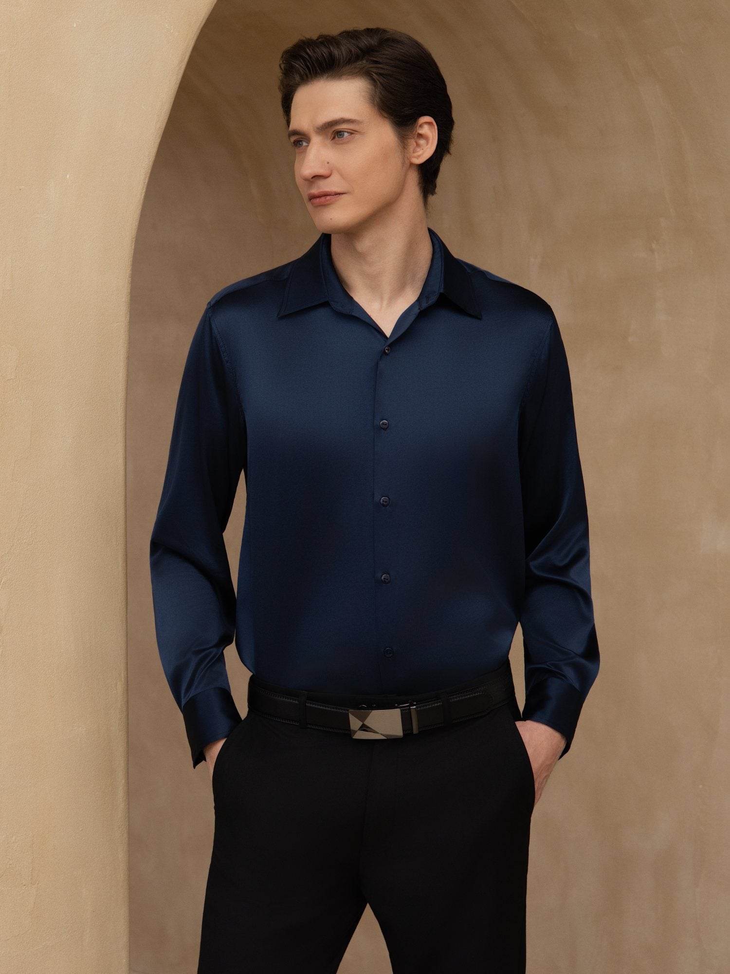 [Dark Blue] SilkSilky-UK 19Momme Stretch Silk Charmeuse Long Sleeve Lapel Collar Men's Shirt 001