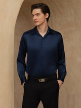 [Dark Blue] SilkSilky-UK 19Momme Stretch Silk Charmeuse Long Sleeve Lapel Collar Men's Shirt 001