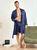 SilkSilky UK Pure Silk 3/4 Sleeve Lapel Men's Dressing Gown DarkBlue 001