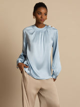 [Grayish Blue] SilkSilky-UK 19Momme Stretch Silk Charmeuse Long Sleeve Round Neck Blouse 003