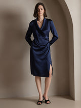 [Dark Blue] SilkSilky-UK 19Momme Long Sleeve V Neck Dress 001