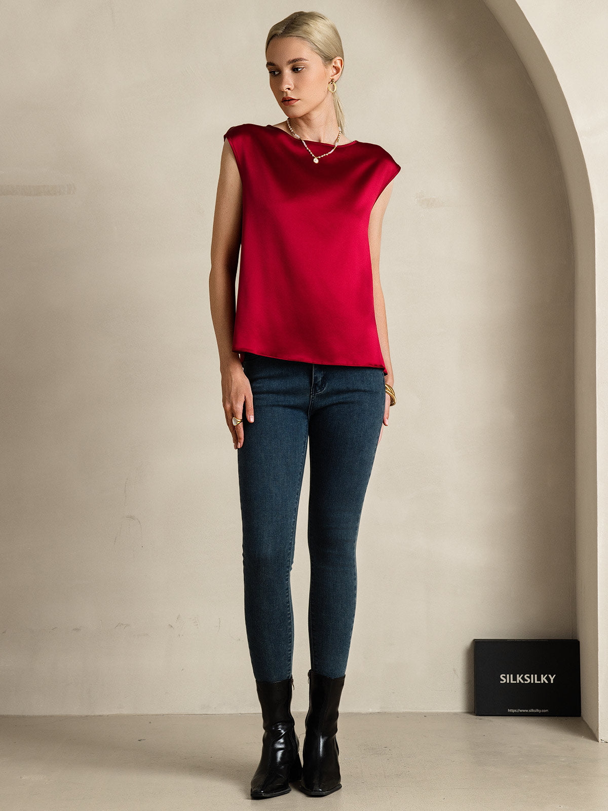 [Wine] SilkSilky-UK 19Momme Silk Round Neck Women's T-Shirt 007