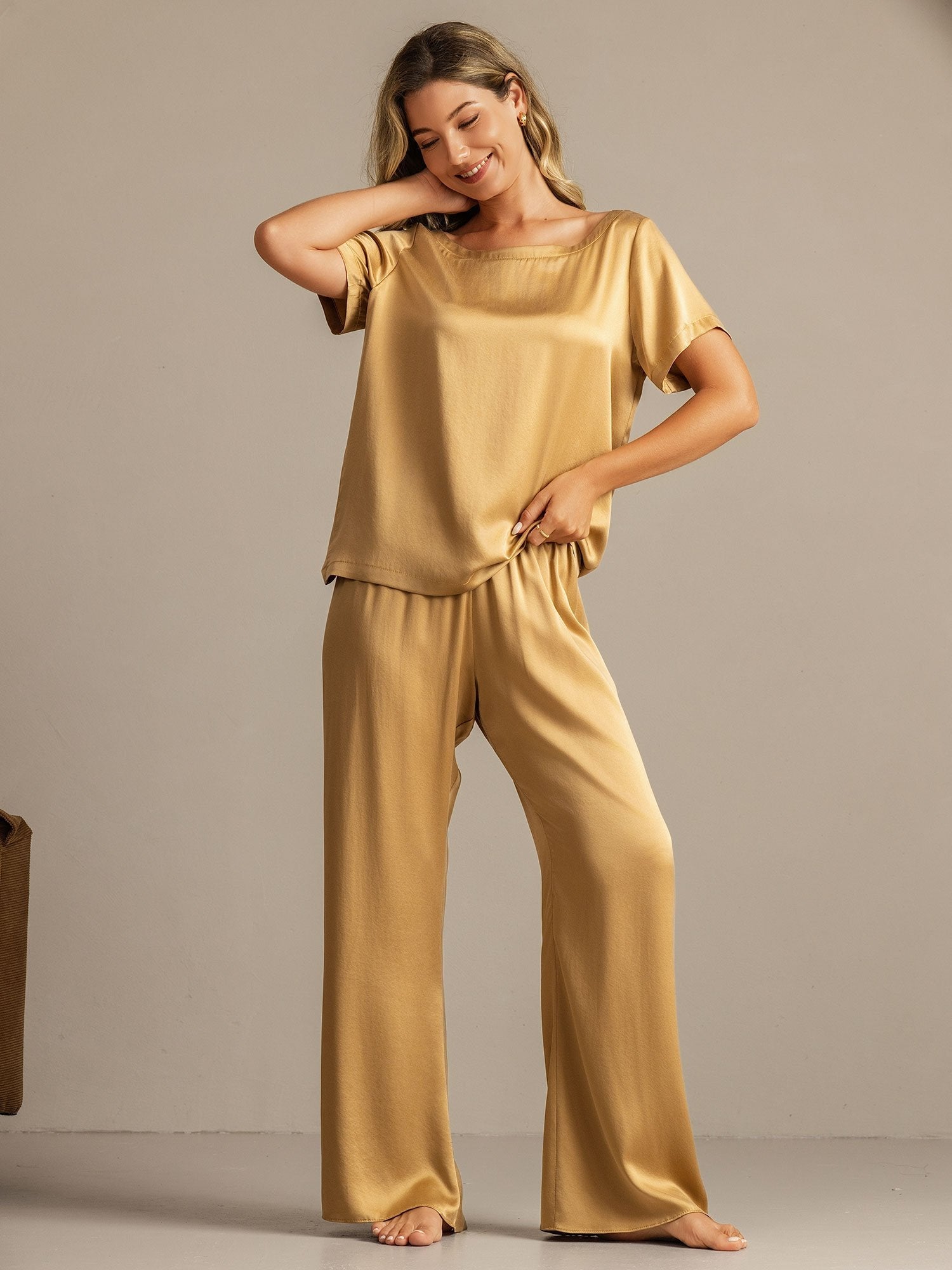 [Tan] SilkSilky-UK 19Momme Washable Silk Womens Pajamas 001