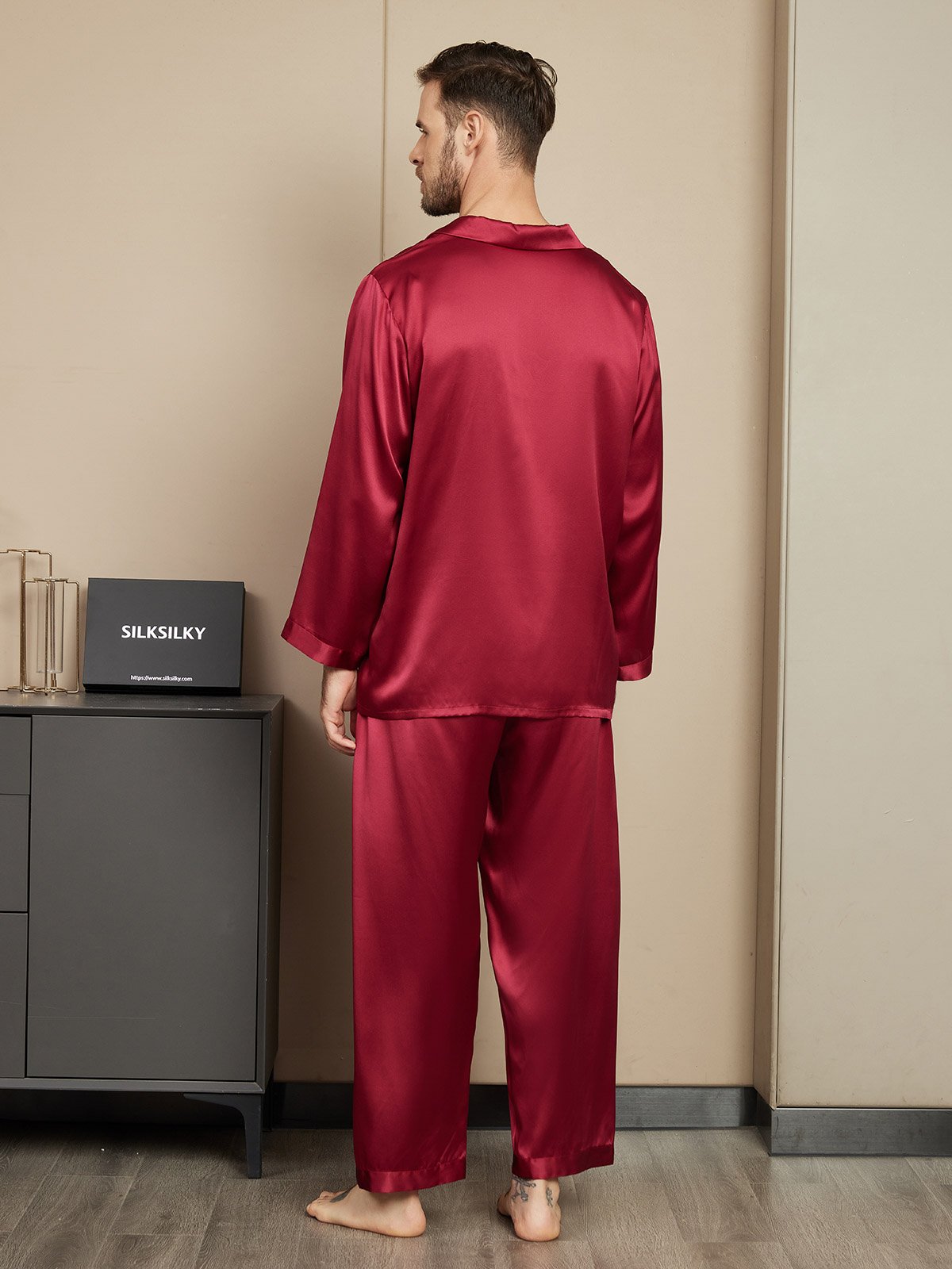 SilkSilky UK Pure Silk Long Sleeve Mens Pajamas Wine 002