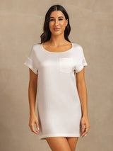 [White] SilkSilky-UK 19Momme Machine-Washable Silk Short Sleeve Round Neck Nightdress 003