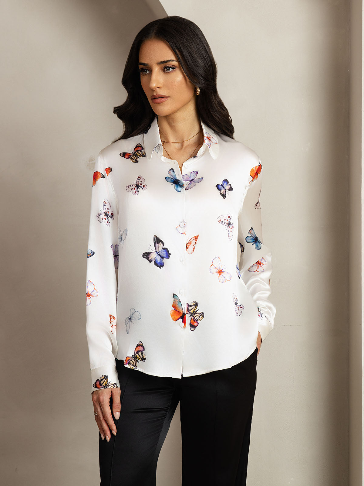 [White Butterfly] SilkSilky-UK Silk Collar Women's Shirt 005
