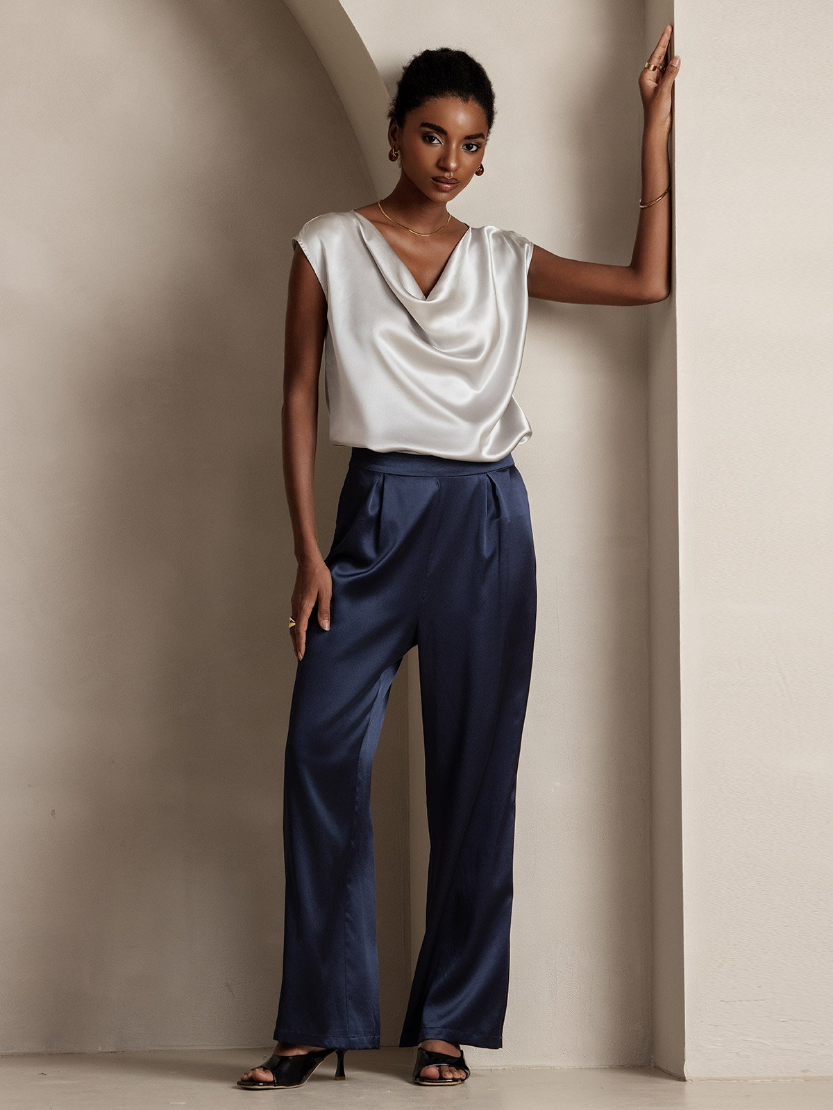 [Light Gray] SilkSilky-UK 19Momme Silk Cap Sleeve Cowl Neck Women's T-Shirt 008