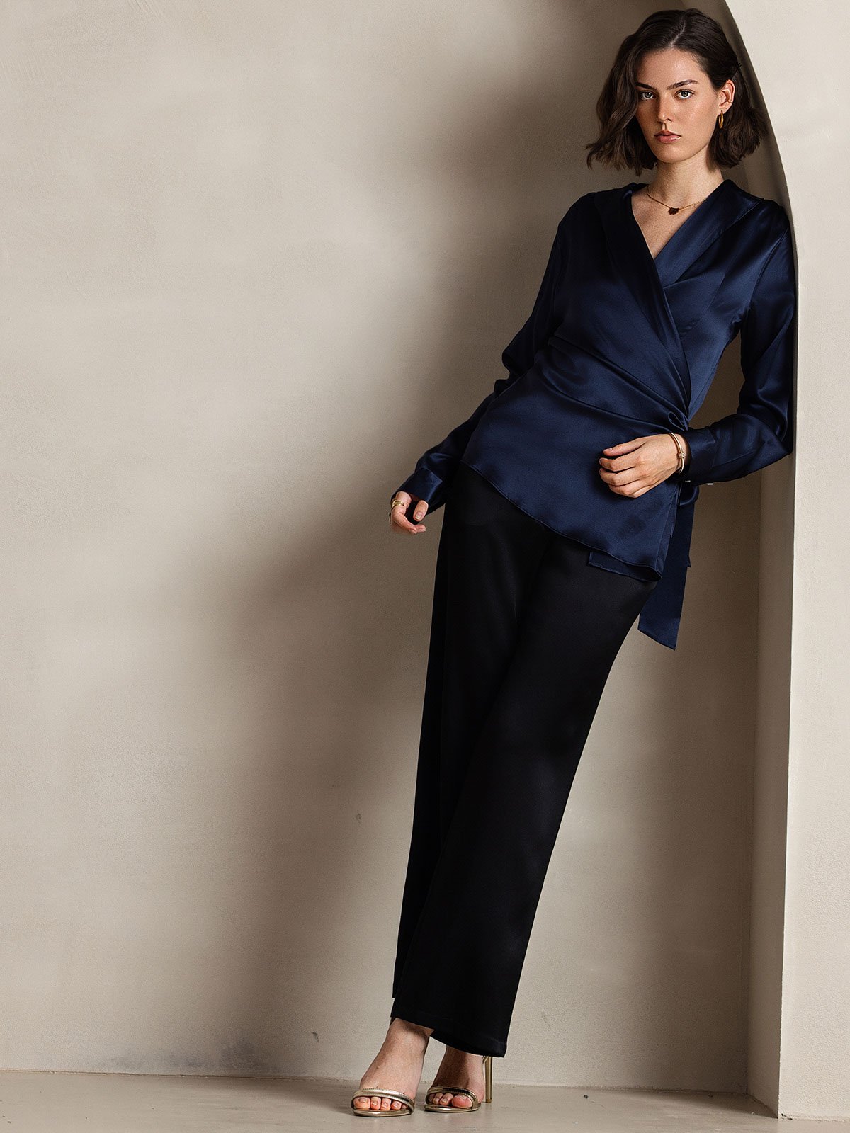 [Dark Blue] SilkSilky-UK 19Momme Silk Long Sleeve V Neck Women's Shirt 008