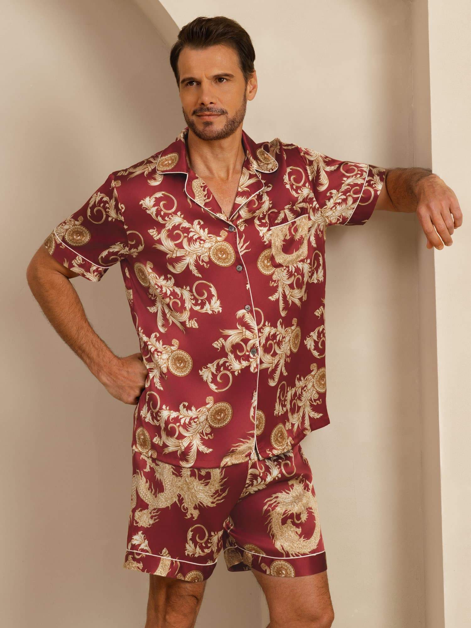 [Wine Dragon] SilkSilky-UK Short Sleeve Notch Collar Men's Pyjamas 004
