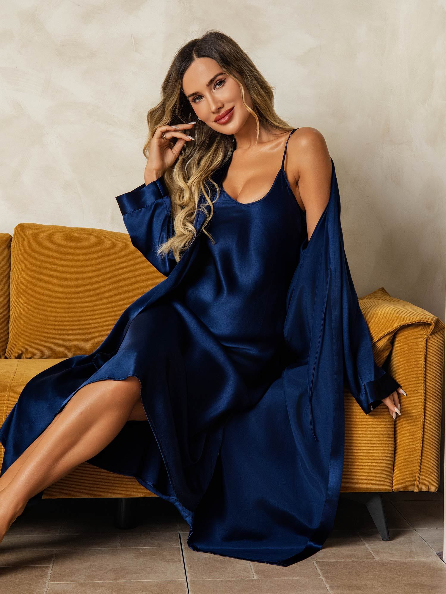[Dark Blue] SilkSilky-UK Long Sleeve V Neck Nightdress&Dressing gowns 006