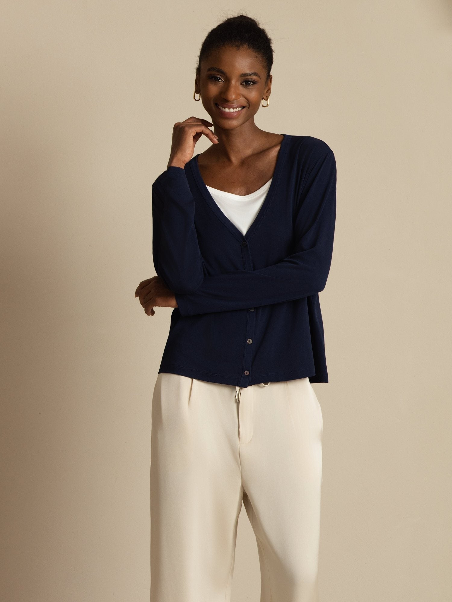 [DarkBlue] SilkSilky-UK 19Momme 100% High-Twist Silk Jersey Long Sleeve V Neck Women's Cardigan 004