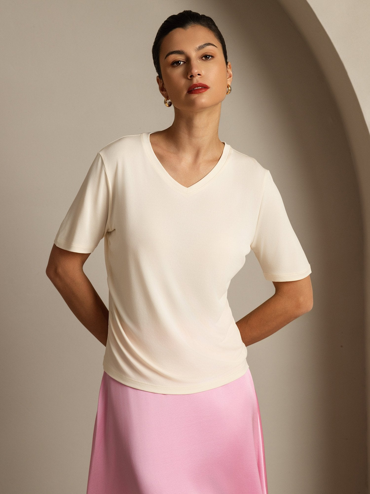 [Beige] SilkSilky-UK Pure Silk V Neck Women's T-Shirt 001