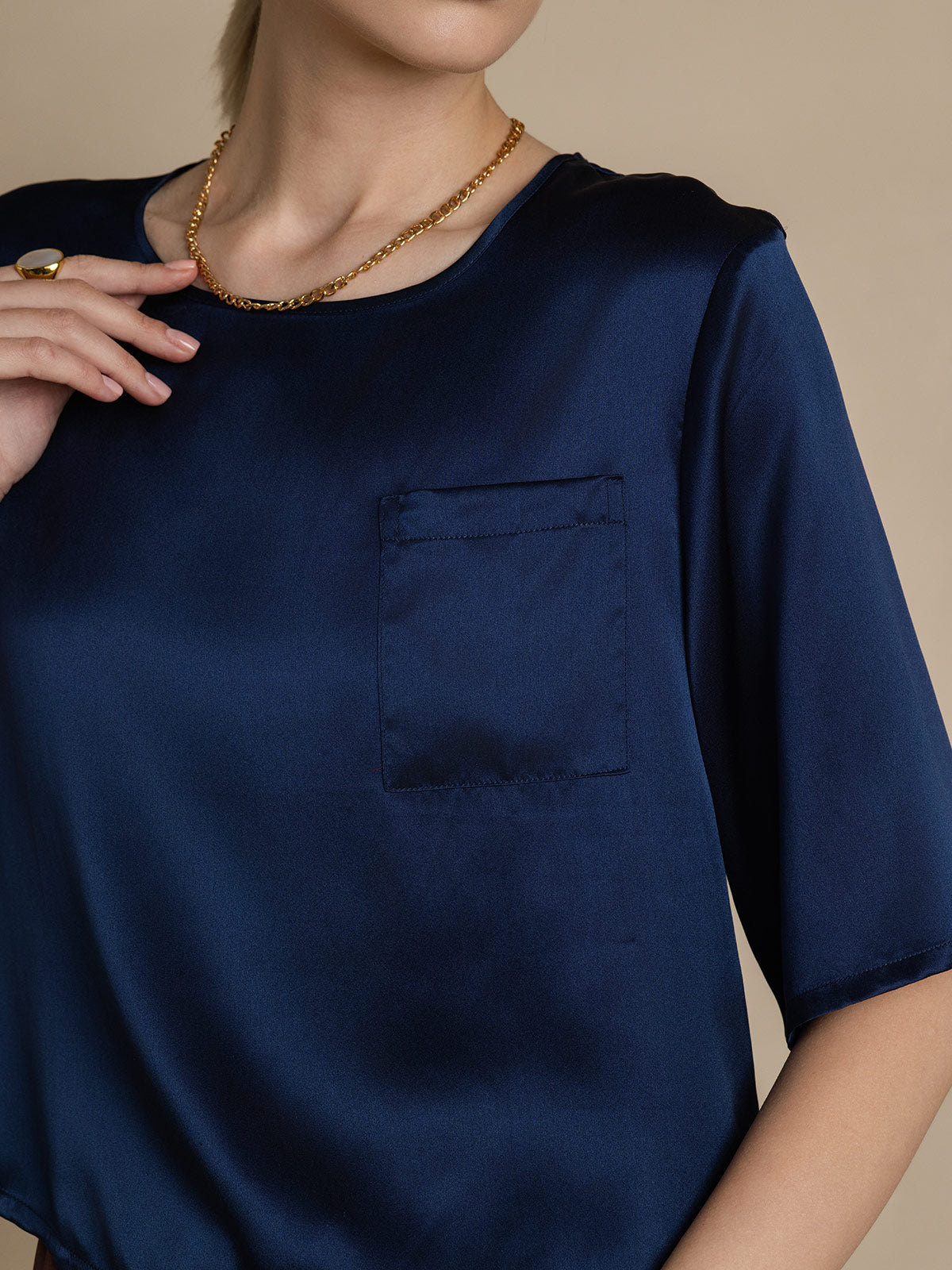 SilkSilky-UK Pure Silk Half Sleeve Boat Neck Women's T-Shirt DarkBlue 006
