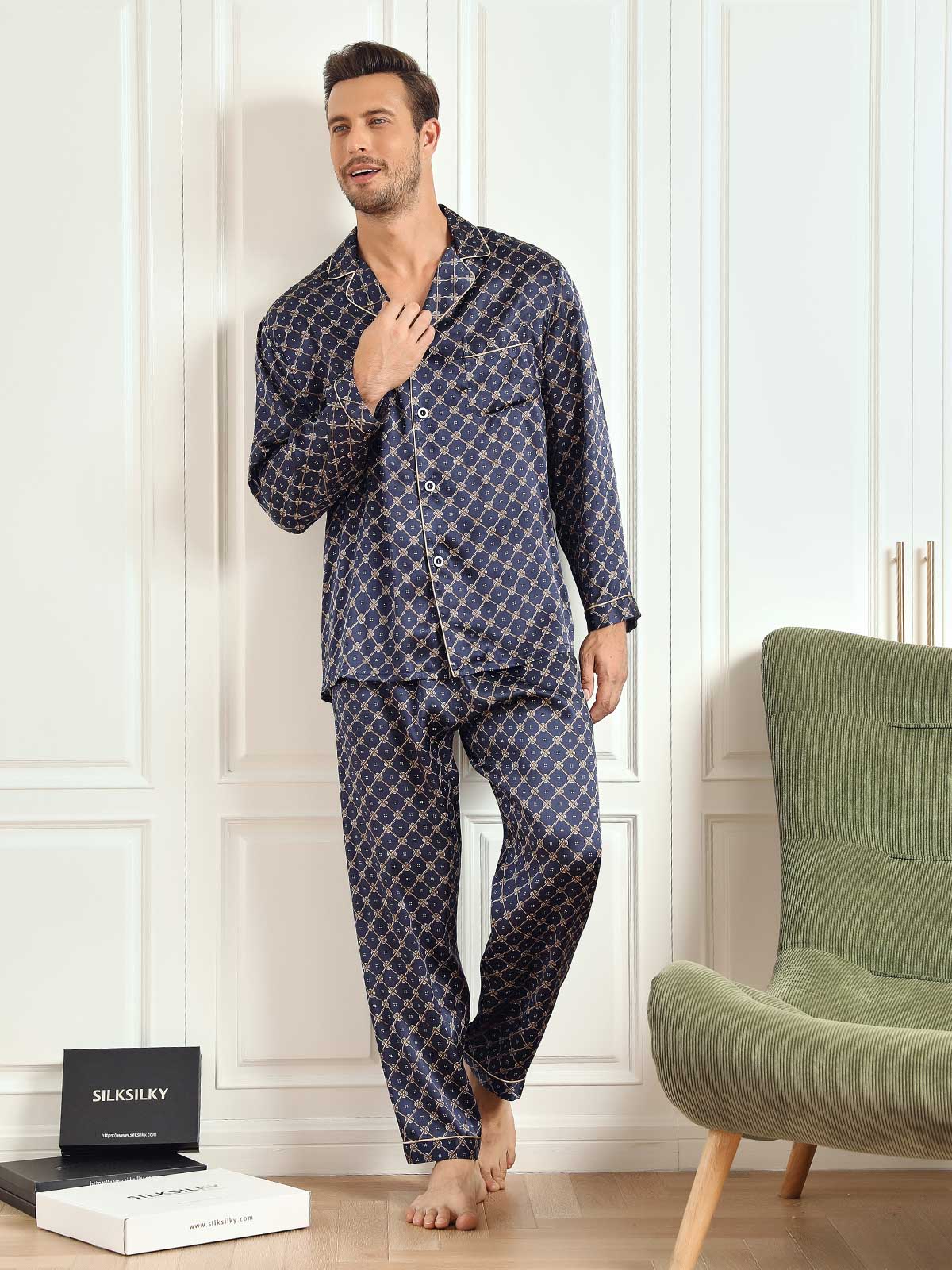 [Navy Chain] SilkSilky-UK 19Momme Pure Silk Mens Pajamas 005