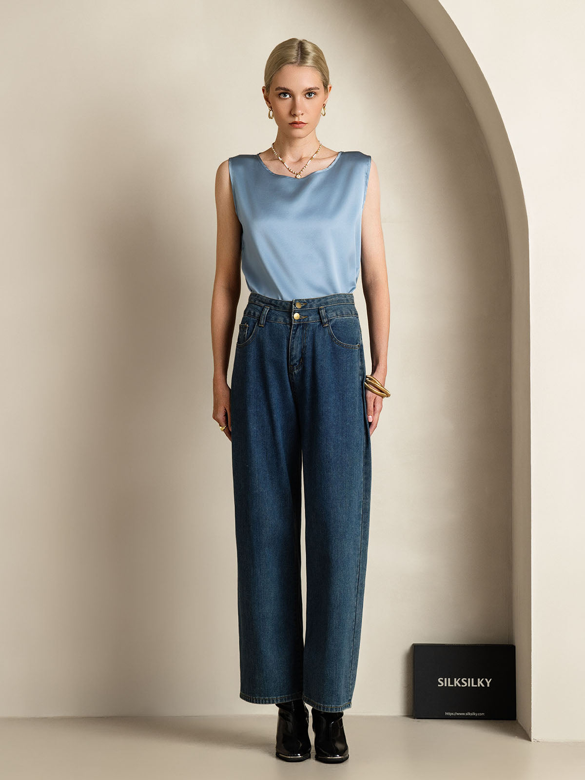 [Grayish Blue] SilkSilky-UK 19Momme Silk Round Neck Camisole 007