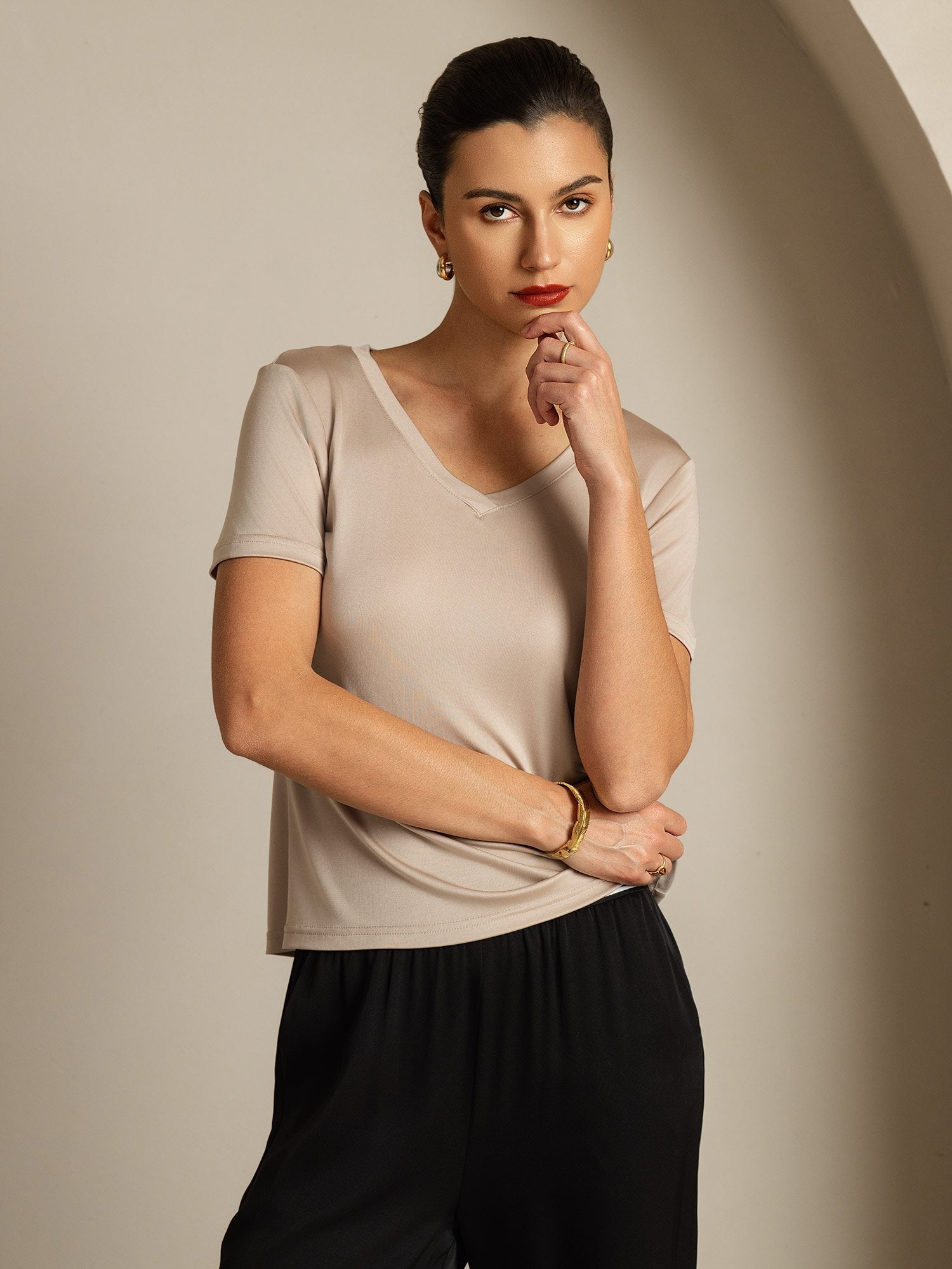 [LightKhaki] SilkSilky-UK Pure Silk V Neck Women's T-Shirt 007