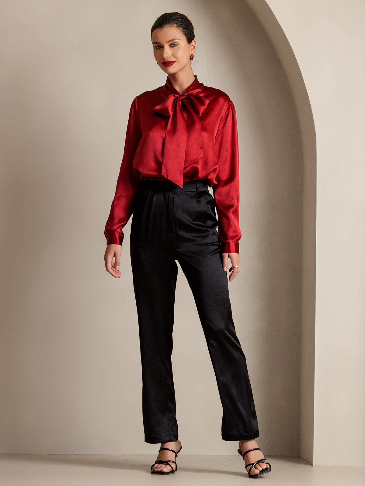 [Wine] SilkSilky-UK 19Momme Silk Long Sleeve Tie Neck Women's Shirt 006