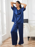 SilkSilky UK Pure Silk Short Sleeve V Neck Women's Pyjamas DarkBlue 003