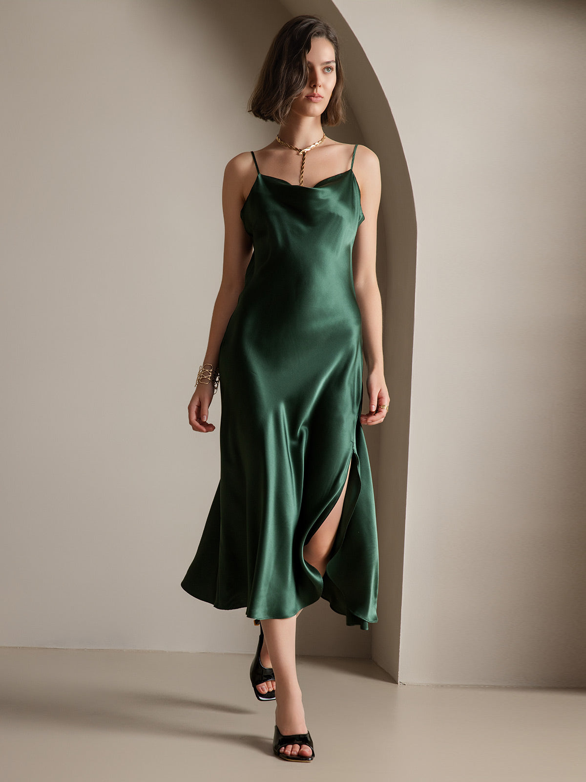 [Dark Green] SilkSilky-UK 19Momme Pure Silk Cowl Neck Dress 006