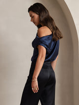 [Dark Blue] SilkSilky-UK 19Momme Sleeveless One Shoulder Women's T-Shirt 004