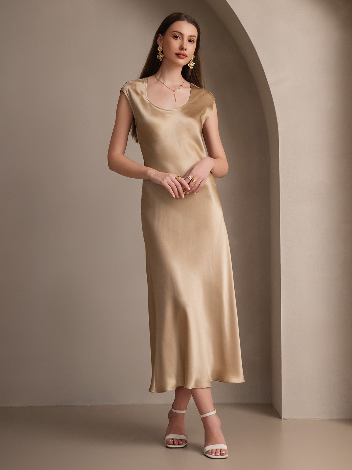 [Champagne] SilkSilky-UK 19Momme Silk Cap Sleeve Round Neck Dress 001