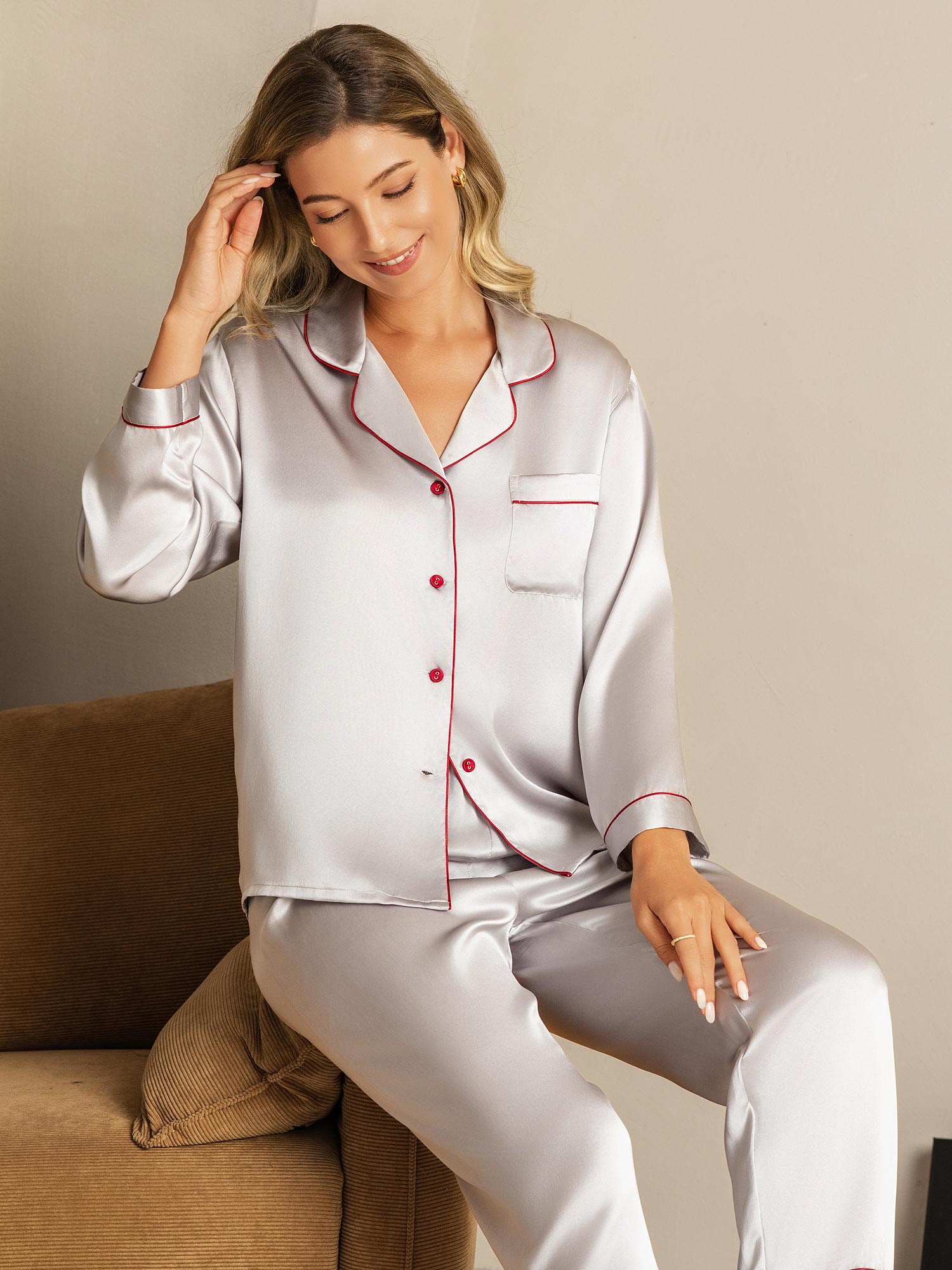 [Silver] SilkSilky-UK Long Sleeve Notch Collar Women's Pyjamas 005