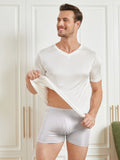 SilkSilky UK Silk Knitted Short Sleeve V Neck Men's T Shirt White 003