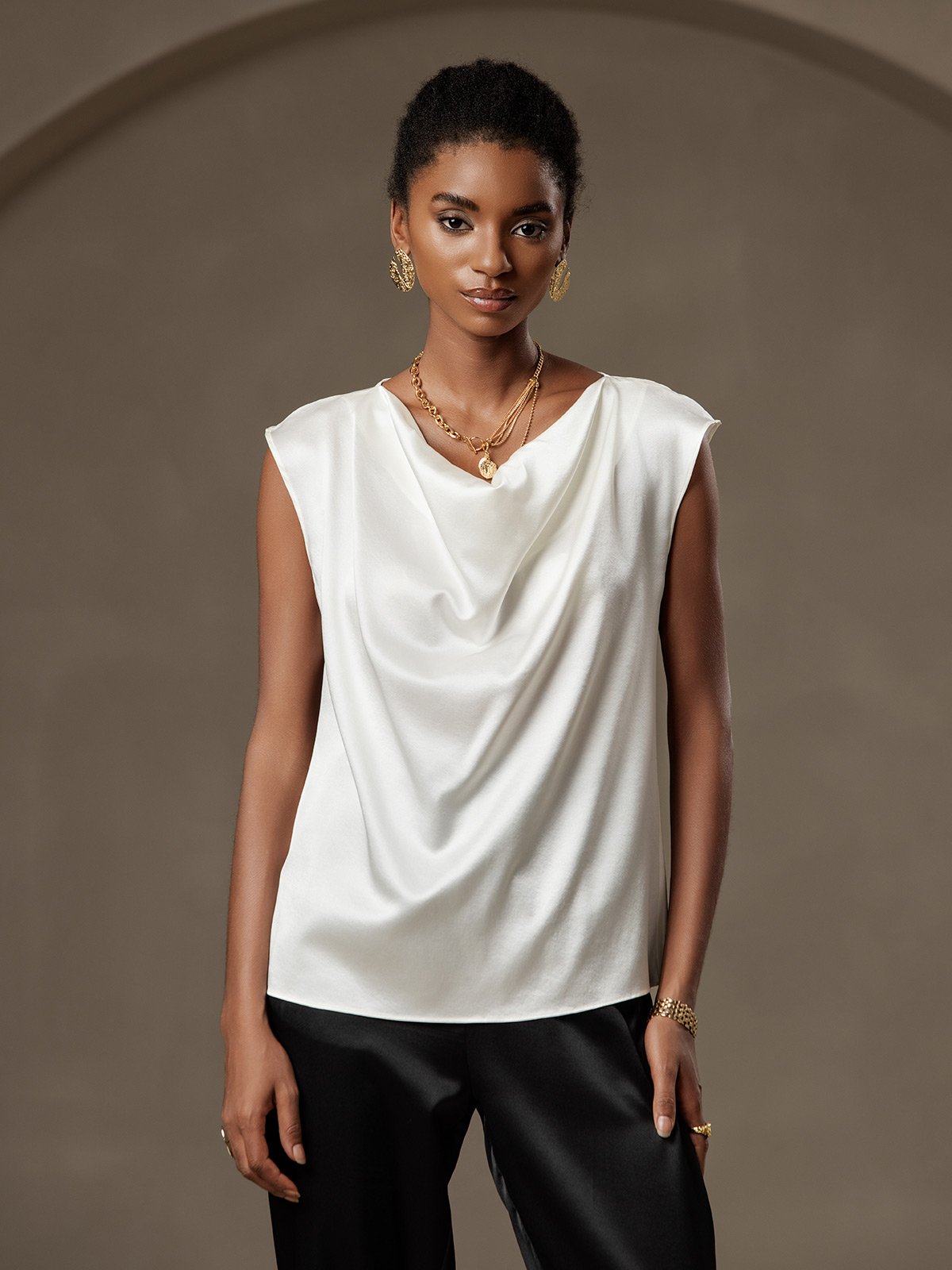 [White] SilkSilky-UK 19Momme Silk Cap Sleeve Cowl Neck Women's T-Shirt 001
